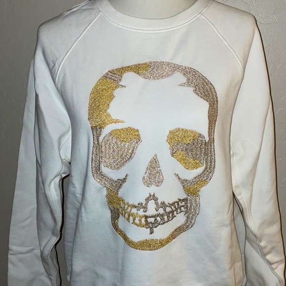 🎉HP🎉NEW Zadig And Voltaire White Upper Gold/Slv Glitter Skull Sweatshirt Sz M✨ - Picture 3 of 13